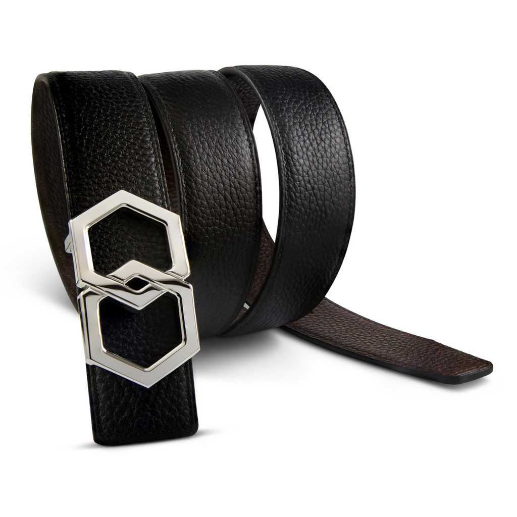 Men's Belt | Black Leather with Silver Buckle| LP 680 Metale | Hextie. Large: 33-34 in / 82-87 cm